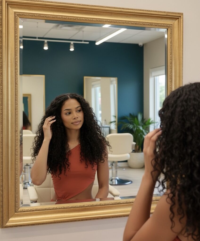 Woman with long curly hair wearing a rust-colored top looks at her reflection in a gold-framed mirror inside a modern salon with teal accent walls and natural lighting.