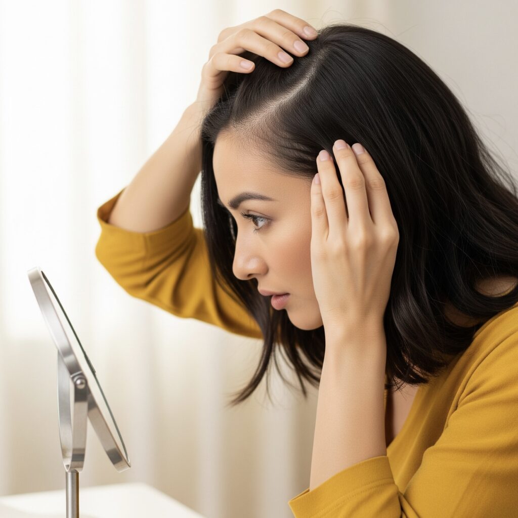 Woman wearing a mustard yellow top inspecting her scalp in the mirror, representing concern over thinning hair.