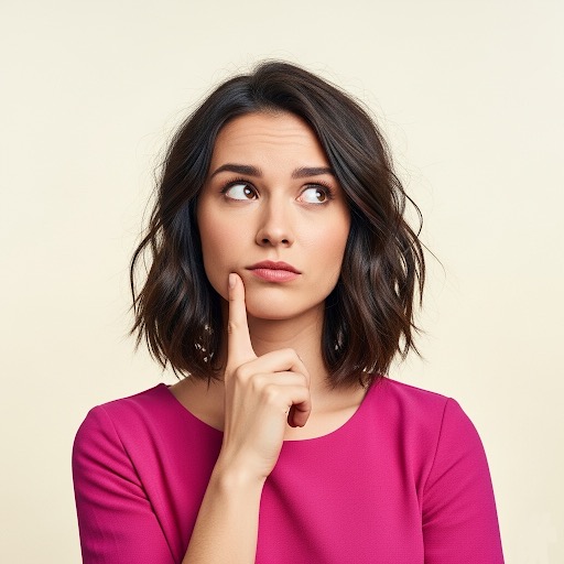 Young woman with short dark hair in a fuchsia shirt looking slightly confused, questioning do hair extensions stop your hair from growing