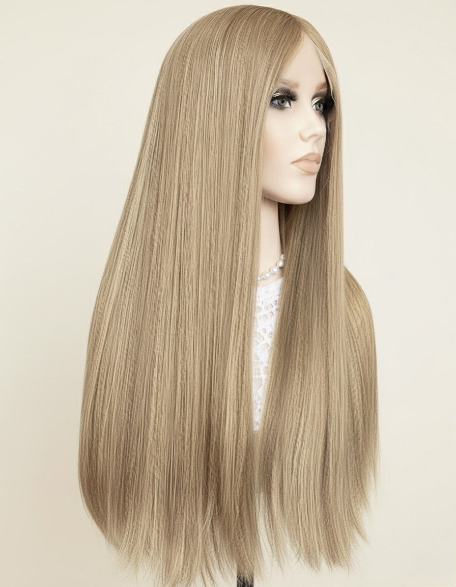 Long straight blonde wig displayed on mannequin at a wig salon in Tampa.