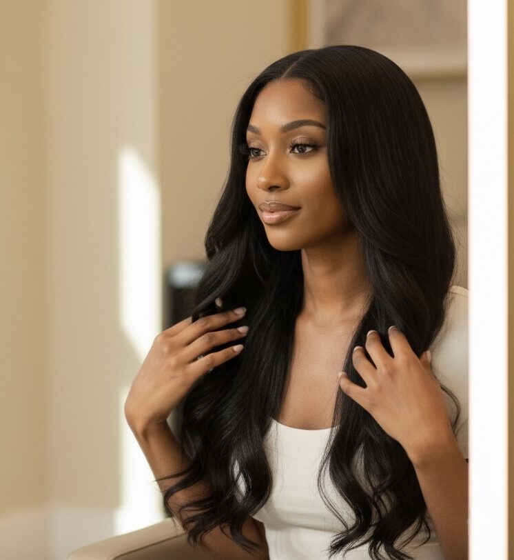Black woman with long, wavy hair extensions sitting in a modern Tampa salon, looking at herself in the mirror with Tampa sew in.